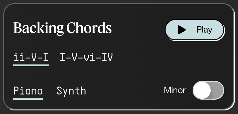 Guitarion backing tracks interface showing genre selection, key and tempo controls