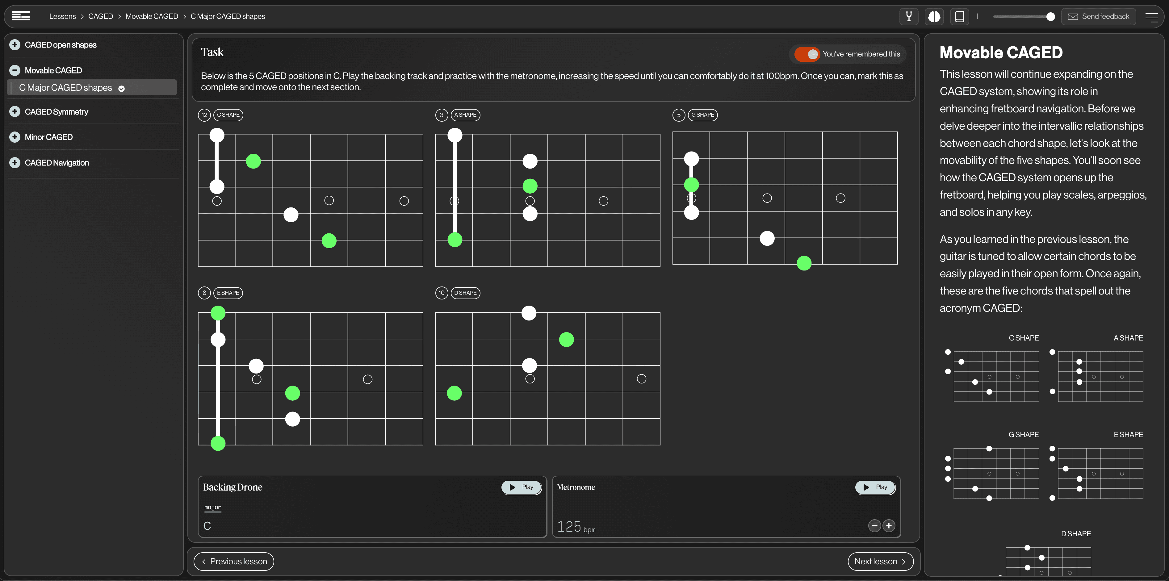 Guitarion CAGED system lesson interface showing movable chord shapes across the fretboard