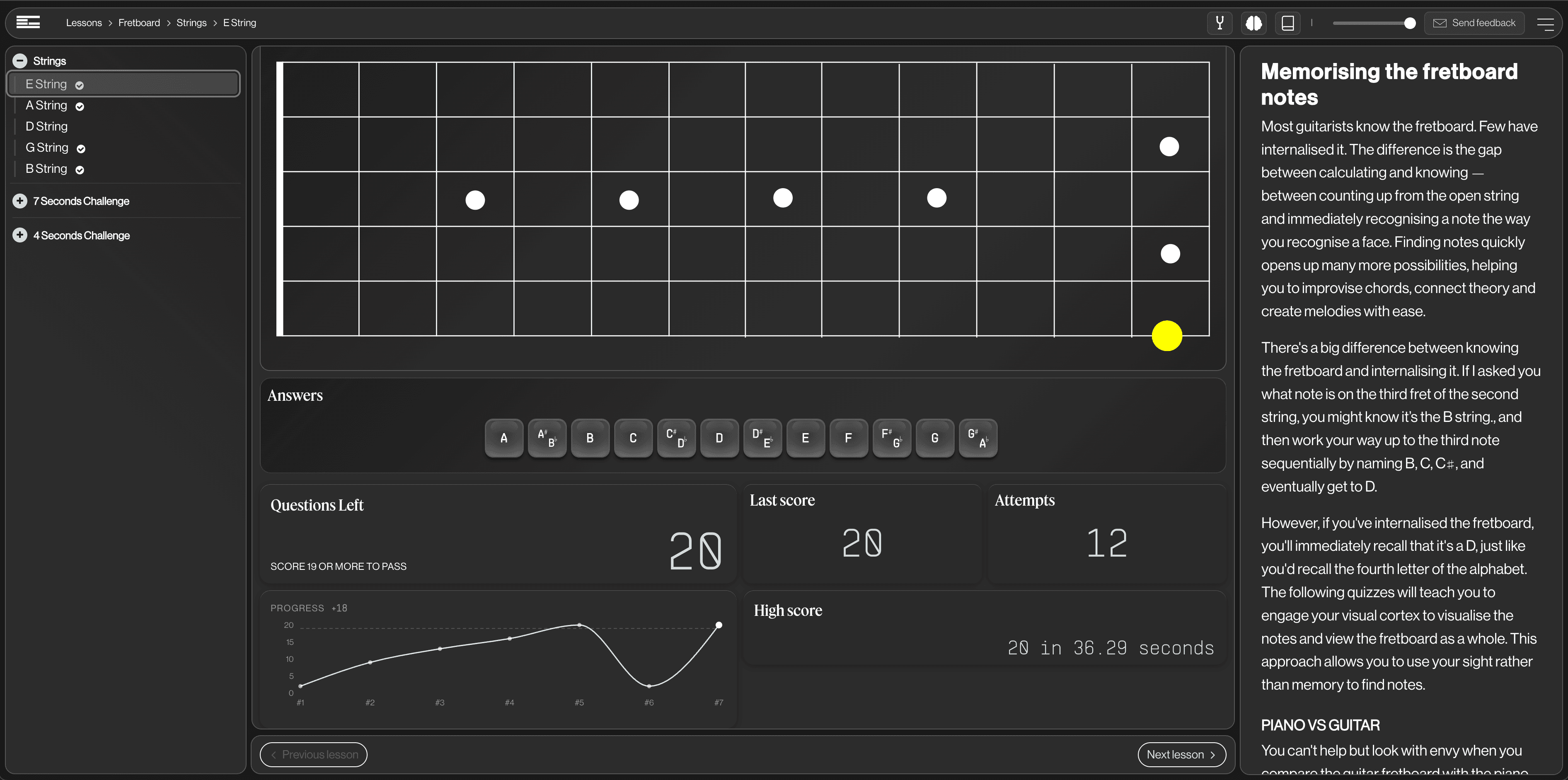 Guitarion fretboard lesson interface showing the interactive fretboard diagram and quiz