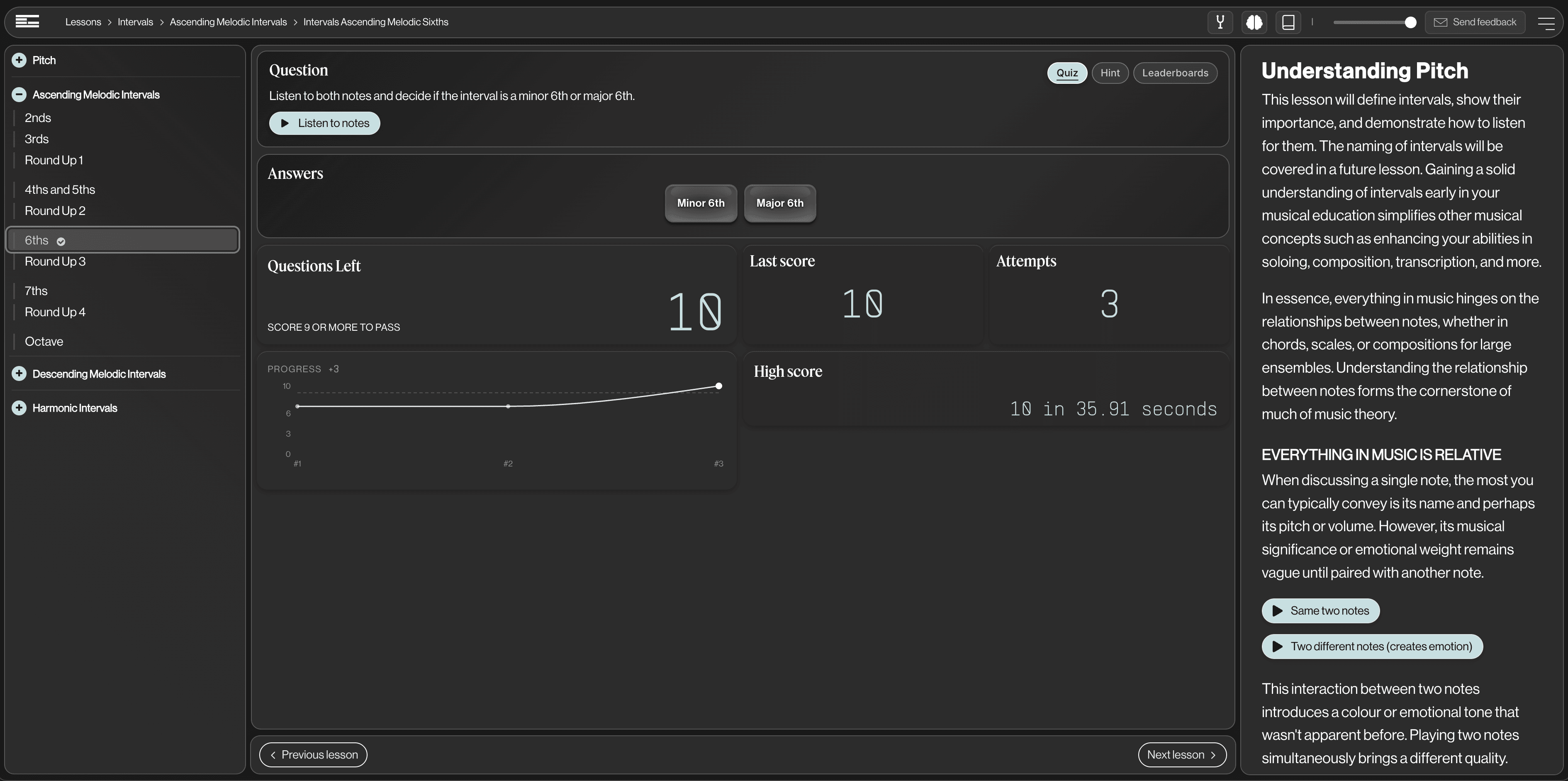 Guitarion intervals lesson interface showing interval ear training and quiz