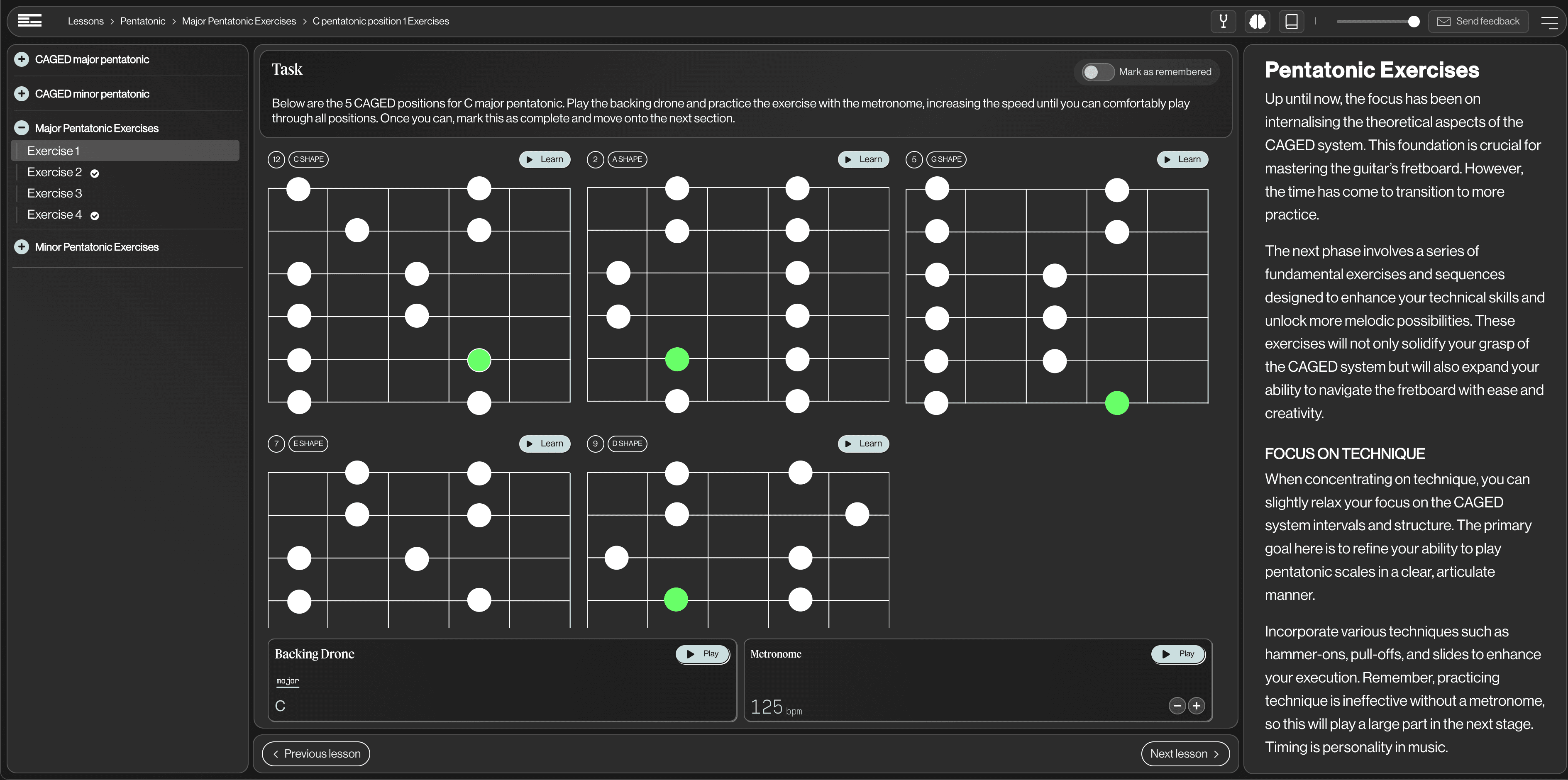 Guitarion pentatonic scales lesson showing all five positions across the neck