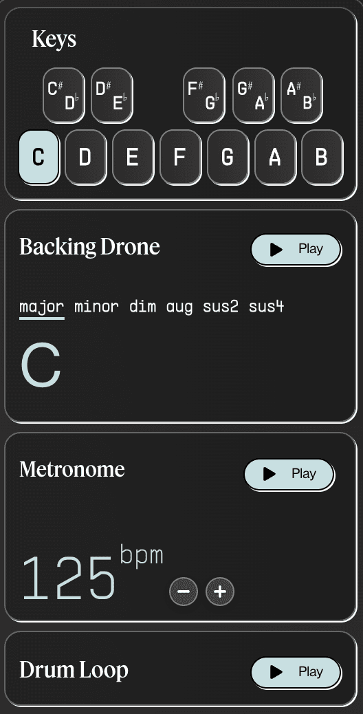 Guitarion practice tools showing backing drone, metronome and drum loop controls