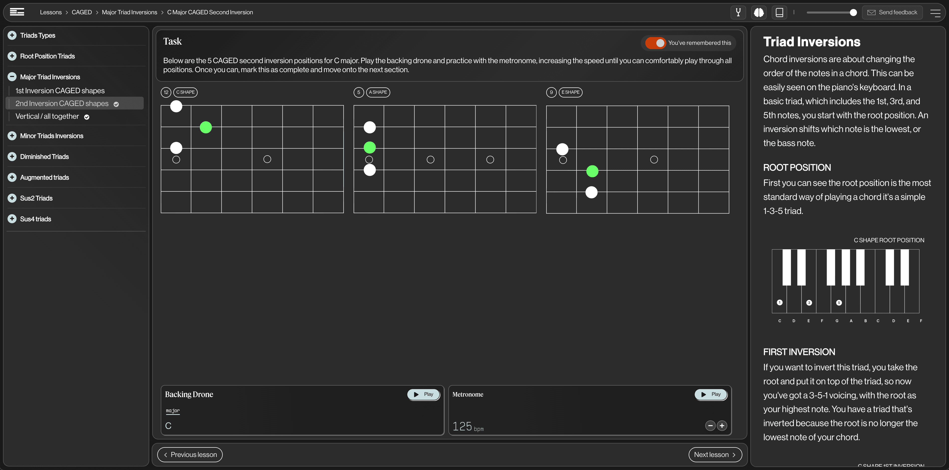 Guitarion triads and inversions lesson showing root position, first and second inversion shapes